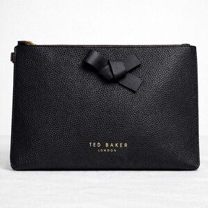 Ted Baker London Black Pebbled Leather Clutch Cosmetic Bag Knot Bow NWOT